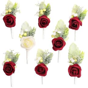 HIALTODAY 8Pcs Boutonniere for Men Red Rose Boutonniere Supplies for Groom Groomsmen Wedding with Pins Artificial Flowers Boutonniere Corsage for Bridal Shower Prom Ceremony Anniversary Party