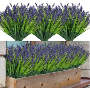 12 Bundles Artificial Plants Outdoor Fake Grass with Lavender Flowers Faux UV Resistant Greenery Garden Patio Porch Window Box Farmhouse Hanging Decorating(White)