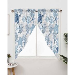 Coastal Swag Curtains,Blue Turtle Seahorse Kitchen Swag Curtains Rod Pocket Valances Tier Pair Swag Topper,Ocean Starfish Coral Shell 2 Panels Window Treatment for Bathroom Living Room Bedroom