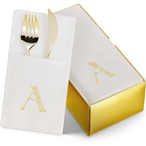 50-Pack Monogrammed Napkins With Pocket For Flatware, 16" x 16" Gold Foil Letter N Disposable Linen-Feel Napkins, Prefolded Silverware Pocket Napkins For wedding, Party Or Baby Shower