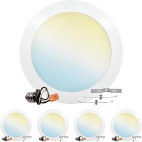 LUXRITE 8 Inch LED Disk Lights, 27W, 5CCT 2700K | 3000K | 3500K | 4000K | 5000K, Flush Mount Recessed Retrofit Ceiling Light, 2000LM, Dimmable, J-Box or 6" Can Install, Energy Star, ETL (4 Pack)