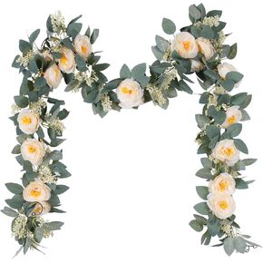 2Pcs 13FT Flower Garland, Artificial Rose Vine Flowers with Green Leaves Hanging Silk, Anniversary Wedding Party Wall Arch Garden Backdrop Decor, Champagne