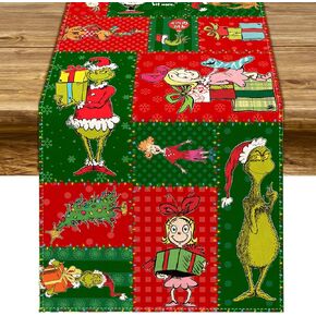 Grinchmas Table Runner Whoville Merry Christmas Winter Holiday Party Decoration Kitchen Fireplace Dining Room Home Decor (13" x 72")