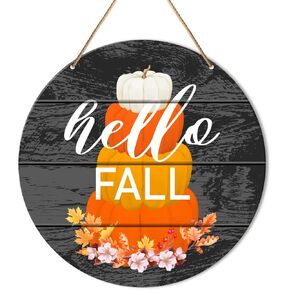 Hello Fall Sign Front Door Decor, Fall Round Hanging Sign Decor Farmhouse Autumn Wall Decorations Pumpkin Harvest Thanksgiving Black Wood Sign for Porch, Home, Office