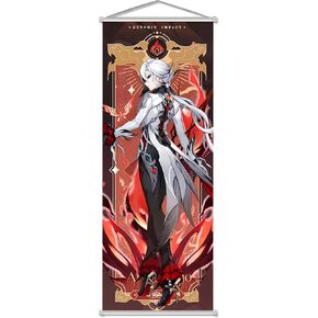 Rainteam Genshin Impact Poster Game Hanging Wall Art Artistic Canvas Genshin Character Posters with Rods for Living Room Bedroom Decor(27.5 inch x 10 inch) (Arlecchino)