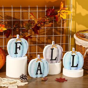 Jansun 4 PCS Fall Pumpkin Wooden Signs Decoration,Fall Decorations for Home Wooden Pumpkins Sign Blue Autumn Tiered Tray Pumpkin Tabletop Decor for Thanksgiving