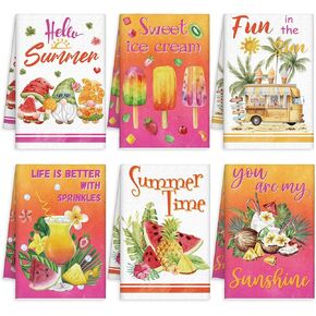 Tudomro 6 Pcs Hello Summer Kitchen Towels Dish Towels Gnome Fruit Hand Towel Summer Colorful Fruit Tea Towels Set Absorbent Soft Kitchen Fingertip Towels for Bathroom Holiday Decor, 14 x 21 Inch