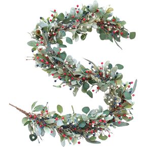 Tempus 6ft Independence Day Garland, Red White Blue Berries and Greenery Wreath Decorations for Front Door, 4th of July Summer Wreaths for Independence Day Hanging Wreath Decor for Wall