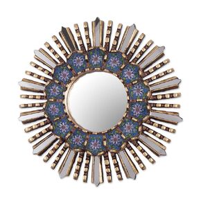 NOVICA Artisan Handmade Wood Reverse Painted Glass Wall Mirror Floral Metallic Blue Peru Decor 'Cuzco Blue'