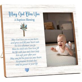 Baptism Pictures Frame, God Bless You On Your Baptism Day Photo Frame, Baby Boy Baptism Gifts from Godparents Friends Family, Farmhouse Home Living Room Bedroom Decoration -c08