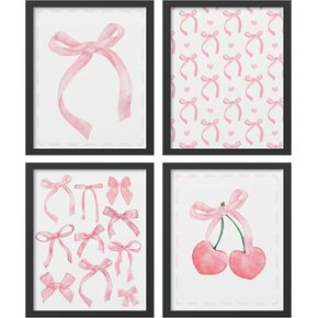 Hxlac Pink Bow Coquette Wall Art Prints Set of 4 Unframed - Pink Preppy Wall Decor, Coquette Preppy Aesthetic Bow Cherry Teen Girl Dorm Room Decor, Preppy Coquette Room Decor(8x10 Inches)