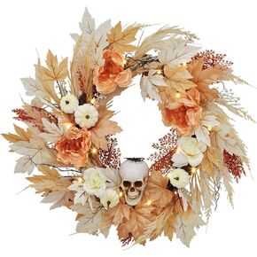 22 Inch Halloween Wreath for Front Door, Halloween Skull Wreath with Lights White Pumpkins Roses, Halloween Decorations Fall Maple Leaves Wreath for Porch Window Indoor Outdoor Decor