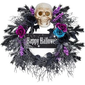 22'' Halloween Wreath for Front Door, Halloween Skull Wreath with Lights, Spooky Halloween Wreaths with Black, Blue, Purple Flowers, Indoor/Covered Outdoor Halloween Props Decoration