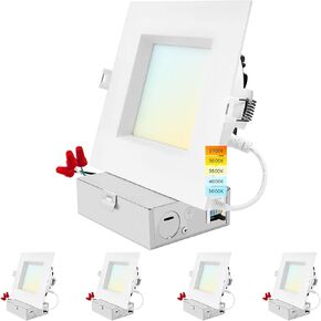 LUXRITE 5 Inch Square LED Recessed Ceiling Light with Junction Box, 18W, 5CCT Selectable 2700K/3000K/3500K/4000K/5000K, 1600LM High Brightness, Dimmable Canless Downlight, Wet Rated, ETL (4 Pack)