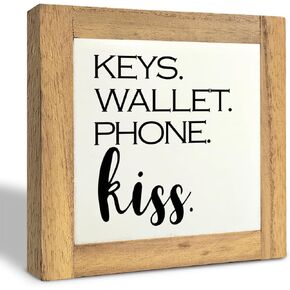 Inspirational Wood Signs, Box Wood Plaques Desk Décor, Decorative Plaques for Front Door Porch, Freestanding Entry Cabinet Decor, Entryway Decor for Shelf, Rustic Home Decor, Keys Wallet Phone Kiss E