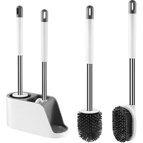 Toilet Bowl Brush Holder Set-Compact Hidden Toilet Scrubber for Small Space, Bathroom Accessories Cleaning with Silicone Handle, White-Gray