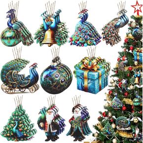 Barydat 30 Pcs Christmas Ornaments Set Wooden Peacock Christmas Decorations Peacock Santa Decorations with 11.8 Inch Ropes for Christmas Tree Decorative Hanging Ornaments