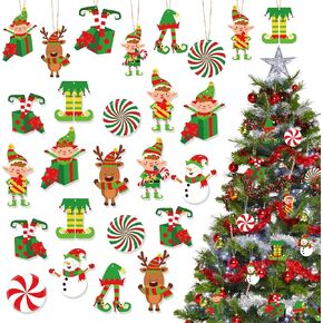 Roowest 20 Pcs Elf Christmas Tree Decoration Ornaments Wood Elves Hanging Decoration Colorful Candies Elves Snowman Deer Hanging Charms for Home Xmas Tree Decor Supplies
