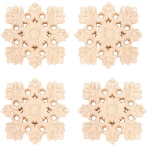 MUXSAM Wooden Carved Appliques Onlays, 4-Pack Unpainted Square Flower Carvings Decals for Cabinet Dresser Cupboard Mirrors Walls Doors Closet Fireplace Wardrobe Bed DIY Project, 12x12cm/4.72"x4.72"