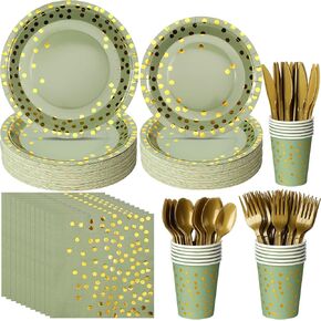 350pcs Sage Green Paper Plates and Napkins Set, Disposable Sage Green and Gold Polka Dot Party Plates Cups For Baby Shower Birthday Wedding Party Supplies and Decorations, Serve 50