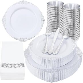 Nervure 350PCS Silver Plastic Dinnerware - White and Silver Disposable Plates for 50 Guests - 100 Silver Disposable Plates, 150 Silver Plastic Silverware, 50 Cups, 50 Napkins for Wedding & Party