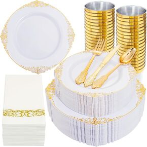 Nervure 350PCS Silver Plastic Dinnerware - White and Silver Disposable Plates for 50 Guests - 100 Silver Disposable Plates, 150 Silver Plastic Silverware, 50 Cups, 50 Napkins for Wedding & Party