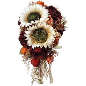 9.8 Inch Vintage Sunflower Wedding Bouquets for Bride Artificial Sunflower and Burgundy Rose Cascading Bridal Bouquet Burnt Orange Rustic Toss Bouquet for Wedding Ceremony Party Church Decor