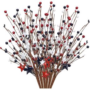 6 Pack Patriotic Artificial Berry Stem Picks, Red White Blue, 4th of July Floral Picks, Independence Day Pentagram Faux Berry Branches Decoration for Home Office Restaurant Vase Decor