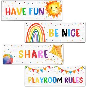 4 Pieces Kids Playroom Wall Decor, 11.8" x 3.9" Playroom Rules Wooden Sign, Motivational Wall Art For Kids Room Nursery Playroom Classroom -A03