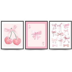 ETVISO Pink Coquette Trendy Preppy Wall Art Prints Set of 3, Coquette Room Decor for Girls Room, Pink Bows Cherry Wall Art Posters for Girls Bedroom Living Room, 8x10 Inch (Unframed)