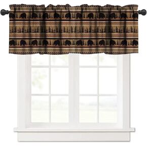 Retro Rustic Valance Curtains Rustic Cabin Brown Bear Vintage Nature Wildlife Retro Farmhouse for Kitchen Dining Room Canteens Red Black Buffalo Check Valance Curtain 54x18in