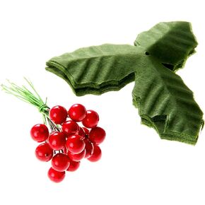 dophee 50 Pack Artificial Red Berry Stems and 50 Pack Green Leaves, Christmas Holly Berry Branches for Party Holiday Home Decoration and DIY Garland and Wreath Ornaments