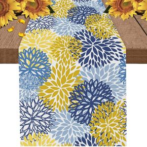 Dahlia Flowers Table Runner Linen 72 Inches Long,Floral Blue Yellow Table Runner Kitchen Decor for Home Party and Dining Room Dresser ,Scarf Decor for Holiday