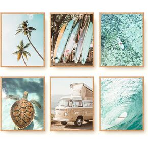 Roslynity Summer Coastal Beach Wall Art Prints Set of 6 Canvas Posters Blue Room Decor Aesthetic Ocean Pictures Surf Palm Tree Surfboard Tropical Turtle for Bathroom Bedroom (8"x10" UNFRAMED)
