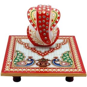 Ganpati with Meenakari Work Lord Ganesha Marble Pooja Chowki (White) Ganapati 2.5 Inch Chowki 4 x 4 Inch
