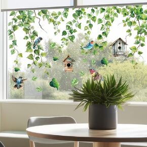 PLIGREAT 9 Sheets Hanging Green Vine Window Clings Birds Flower Cage Window Sticker Self-Adhesive Creative DIY Decals for Bedroom Home Window Decor Store Display Glass Door Decorative
