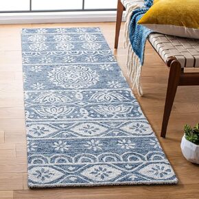 SAFAVIEH Micro-Loop Collection Runner Rug - 2'3" x 7', Blue & Ivory, Handmade Wool, Ideal for High Traffic Areas in Living Room, Bedroom (MLP607M)