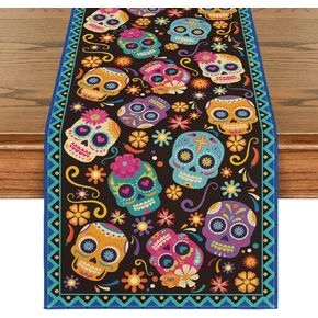 Artoid Mode Suger Skulls Floral Day of The Dead Table Runner, Halloween Seasonal Kitchen Dining Table Decoration for Home Party Decor 13x90 Inch
