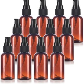 JUVITUS 2 oz Amber Boston Round Plastic PET Bottles with Black Treatment Pump (12 Pack)