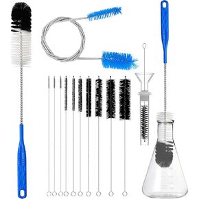 12Pcs Glass Tube Pipe Cleaners Brush Kit,Long Nylon Straw Brush for Glass Funnel and Bottle,17-inch Long Handle Brush,8.2-in Different Diameters Brushes,35-in Flexible Double-Ended Hose Brush (Blue)