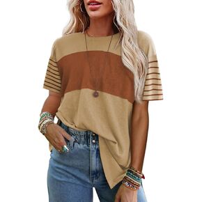 SHEWIN Womens Casual Short Sleeve Shirts Loose Crewneck Color Block Tshirts Tops