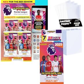 بطاقات بانيني أدرينالين XL للدوري الإنجليزي الممتاز لكرة القدم 2024-2025 Kick-Off Multipack + مجموعة متعددة و100 حافظة حماية للبطاقات، تتضمن غلافًا و4 حزم و1 إصدار محدود و1 بطاقة Baller ذهبية in Kuwait