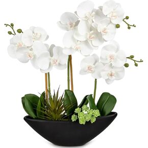 Briful Orchid Artificial Flowers 18in White Fake Orchid Silk Flowers with Ceramic Pot Faux Orchid Arrangement for Home Office Room Coffee Table Centerpiece Modern Decoration