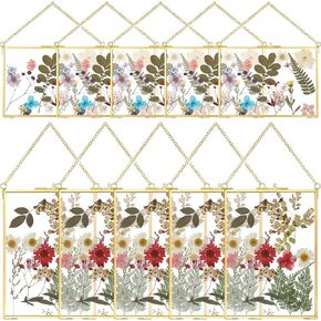 10 Pieces Pressed Flower Glass Picture Frames 5 x 7 Inch Brass Hanging Photo Frame Floating Photo Wall Frame Clear Horizontal Vertical Frames with Chain for Gallery Vintage Artwork Display (Copper)