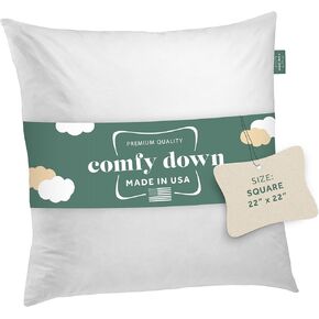 22X22 Decorative Throw Pillow Insert, Down and Feathers Fill, 100% Cotton Cover 233 Thread Count, Square Pillow Insert - Made in USA (Single)