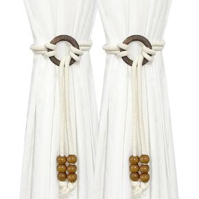 2pcs Wooden Bead Curtain Tiebacks,Bohemian Curtain Clasp, Curtain Tiebacks No Hole Punching Decorative for Bedroom Window Treatment (Coffee Color)