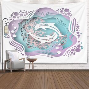 Jesmacti Wall Hanging Tapestry Underwater Sea Cave with Coral Seabed in Algae and Dolphin Deep Blue Ocean Wildlife Tapestry Wall 80X60 Inch Dorm Tapestry