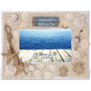 CoTa Global Oceanic Sea Turtle Photo Box Frame 5X7 Frame - White Wood Seashell Photo Frame for Summer Vacation Memory, Handmade Tropical Sand Nautical Picture Frame For Tabletop or Wall Hang - 11 Inch