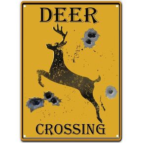 PXIYOU Deer Crossing Tin Sign Bullet Holes Retro Vintage Bar Country Home Decor Caution Yellow 8X12Inch