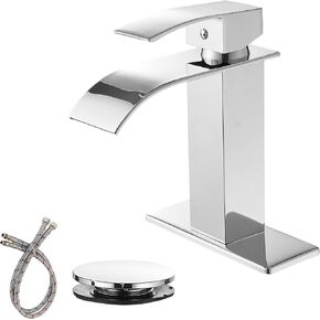 Matte Black Bathroom Faucet Single Hole Single Handle Waterfall Modern for Sink Lavatory Commercial Bath Vanity with Pop Up Drain with Overflow Deck Mount Basin Supply Line Lead-Free